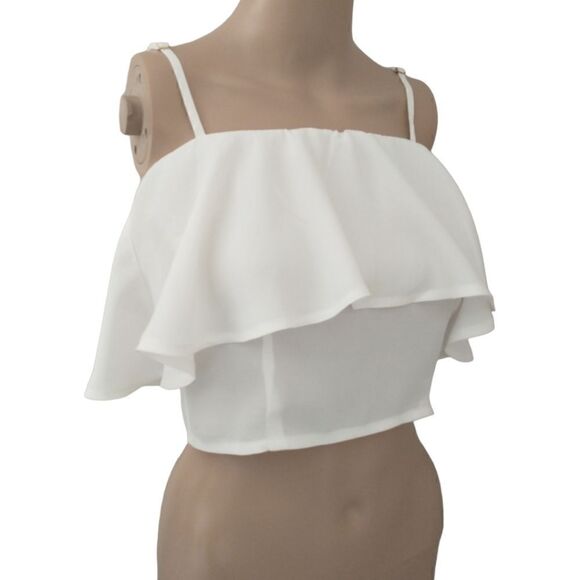 Y2K Ruffled Crop Top Cami Vanilla White Adjustable Spaghetti Straps Zipper Back. - Picture 2 of 16